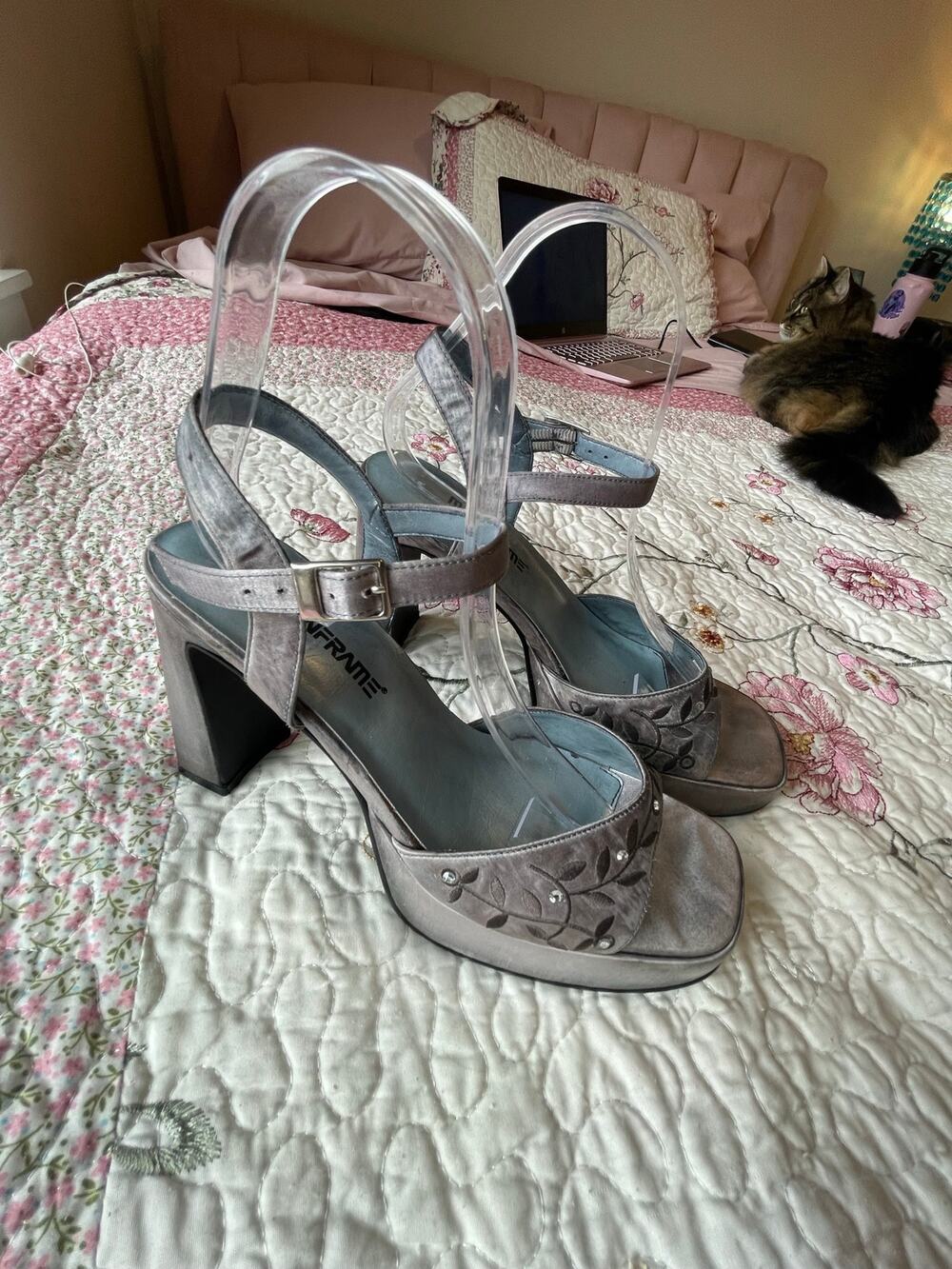 upcyled gray whimsygoth and embroidered heels